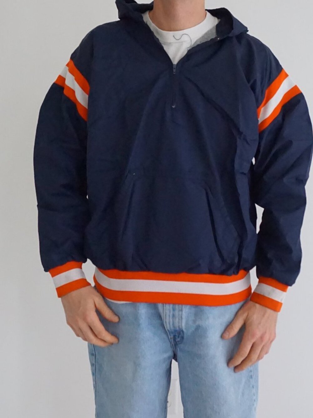 Vintage Russell Athletic Navy Orange Hooded Pullover Windbreaker Jacket Made USA